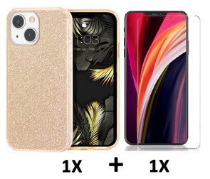 iPhone 14 Plus - Glitter Back Cover &amp; Glas - Goud