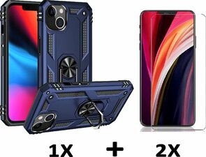 iPhone 14 Plus Blauw &amp; 2X Glas - Armor met Kickstand Ring