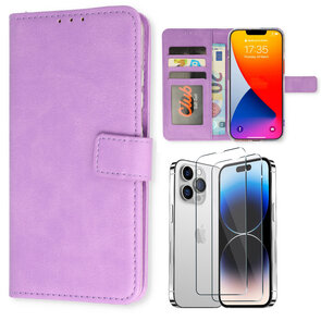 iPhone 15 Pro Max - Book Case &amp; 2x Glas - Paars
